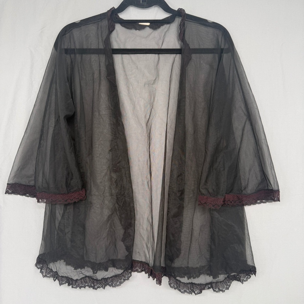 Vintage Flair Lingerie Black Sheer Mesh Lace Trim Bed Jacket ILGWU USA Petite